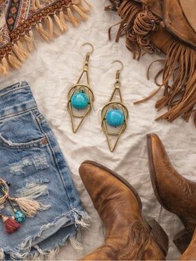 Vintage Turquoise Stone Boho Statement Earrings Brass Festival